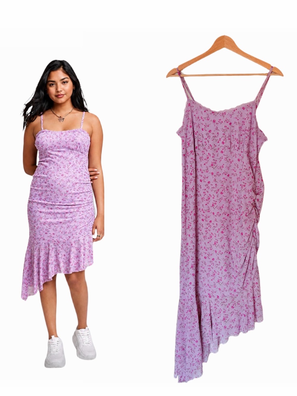 Wild Fable Lavender Floral Mesh Ruched Dress Asymmetrical Hem Size XL Romantic